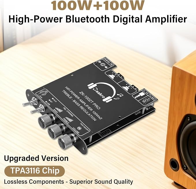 Daakro ZK-1002T PRO 2.0 Channel Bluetooth 5.3 Amplifier Board 200W HiFi Audio AMP with Treble and Bass, TWS,BT USB and AUX Inputs, DC 12-24V 2.0 Channel Stereo AMP Module for DIY Speakers