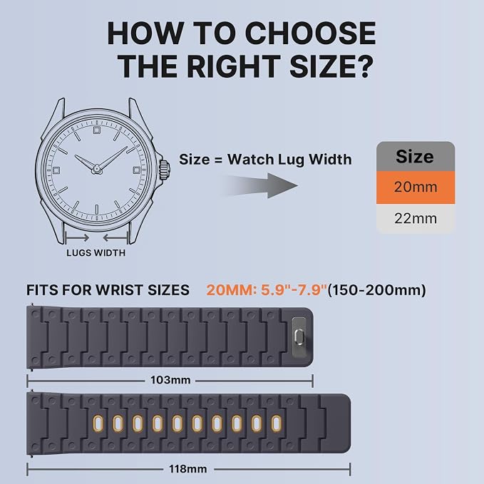Bandletic 20 mm Quick Release Watch Band, Durable Silicone Magnetic Bands Compatible with Garmin Vivoactive 6 Bands, Rugged Sport Watchband Replacement Strap for Men Women, AnthraciteGray/Ochre