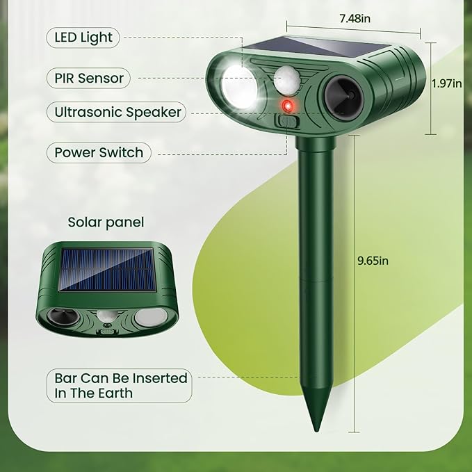 2026 Upgraded Ultrasonic Solar Animal Repellent Outdoor, Deer Repellent Devices Squirrel Cat Raccoon Rabbit Dog Deterrent with Motion Sensor Flash Light for Yard Garden Lawn (2 Pack)