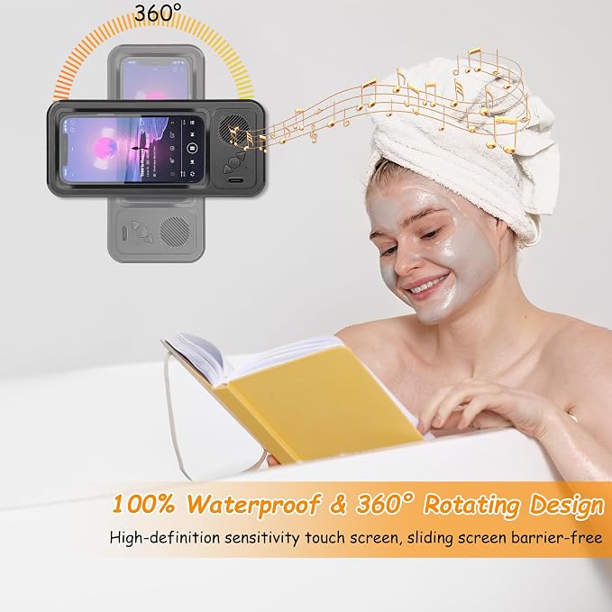Shower Phone Holder with Wireless Bluetooth Speaker , 480° Rotation Retractable Adjustable Shower Case for iphone ,Bathroom Wall Phone Mount Stand WaterProof Anti Fog,Compatible with All 4-7"Cellphone