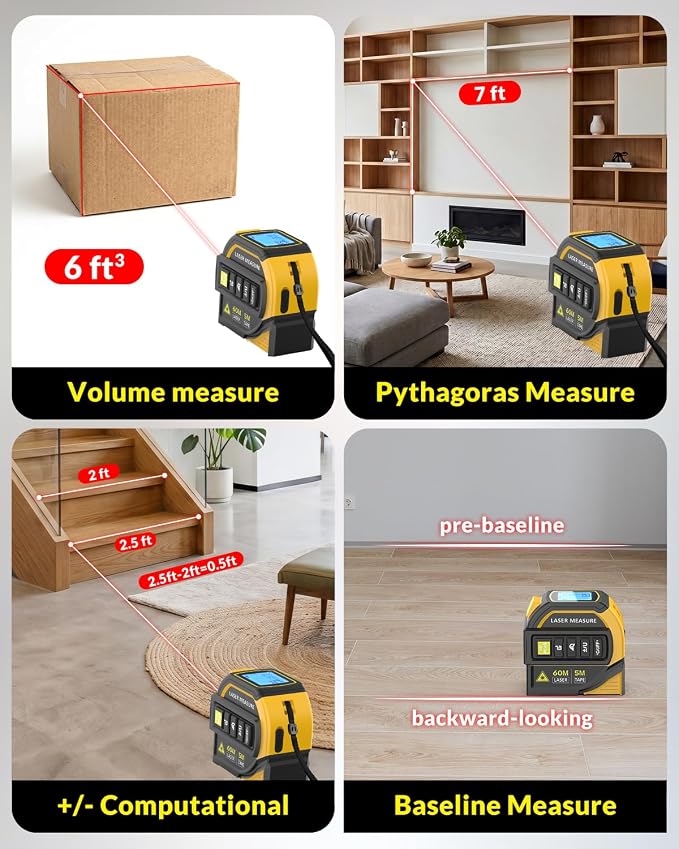 TEPU Laser Tape Measure 4-in-1, 197FT Laser Distance Meter with 16FT Auto-Lock Tape, Cross-Line Laser Level, Dual-Axis Angle, Backlit LCD, Distance/Area/Volume, Pythagorean Theorem & Angle Measurement