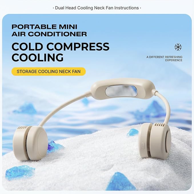 Portable Cooling Neck Fan, Hands Free Wearable Bladeless Fan with 1200mAhx2 Battery, 3 Speeds Quiet Operation, Foldable Hanging Neck Fan for Travel, Office, Outdoor - Beige