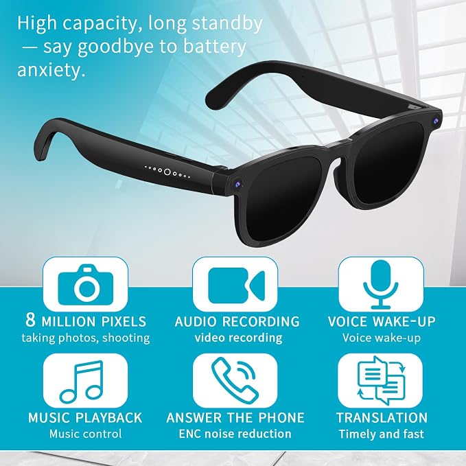 AI Smart Glasses with Camera, 800W HD Anti-Shake Video Glasses, 1080P Video Recording Sunglasses, Real-Time Translation, Voice Assistant, Bluetooth Calling, for Outdoor, Travel and Vlog Shooting