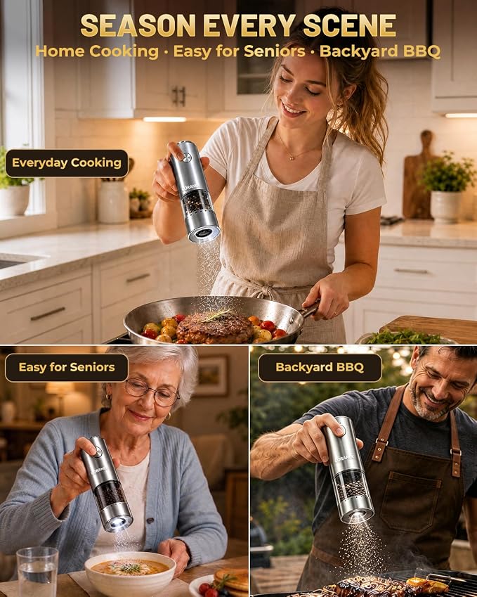 Upgraded Electric Salt and Pepper Grinder Set, USB Rechargeable Automatic Mill with Adjustable Coarseness, Premium Housewarming Gift
