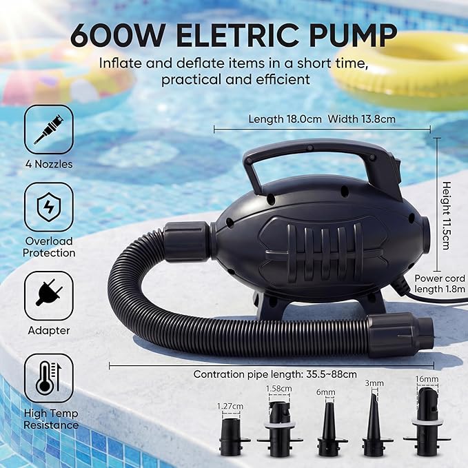 Electric Air Pump, 400W Quick-Fill Inflator/Deflator, 110–120V AC with 4 Nozzles, High-Pressure Fast Inflate for Air Mattress, Pool Floats, Rafts & Gymnastics Air Track, Overheat Protection