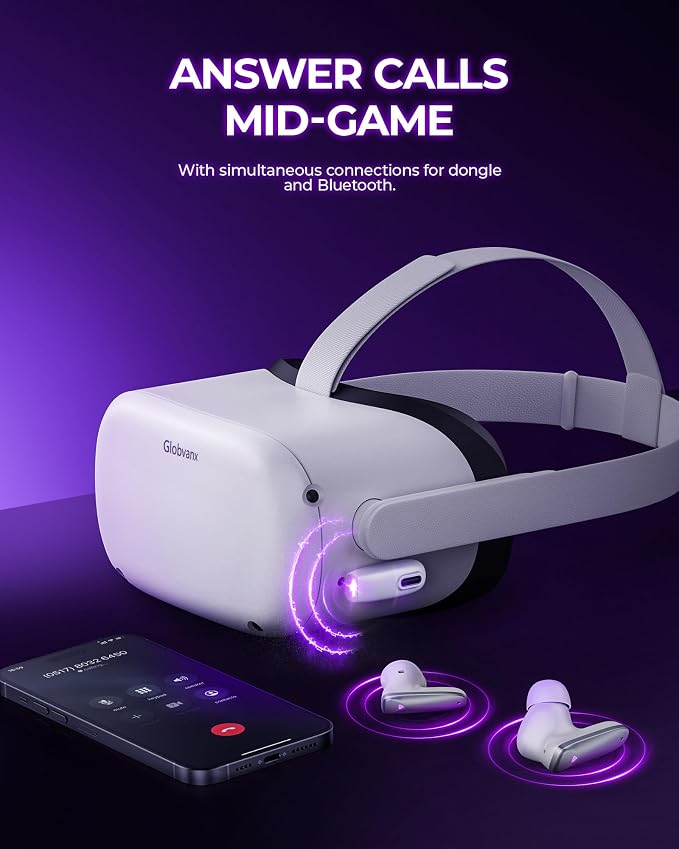 V2 Wireless Gaming Earbuds with 20ms Low Latency, 2.4GHz USB-C Dongle & Bluetooth 5.4 — Designed for Meta Quest 3S, Quest 3, Quest 2, PS5, PS4, PC, Switch, Steam Deck — Noise-Cancelling Mic