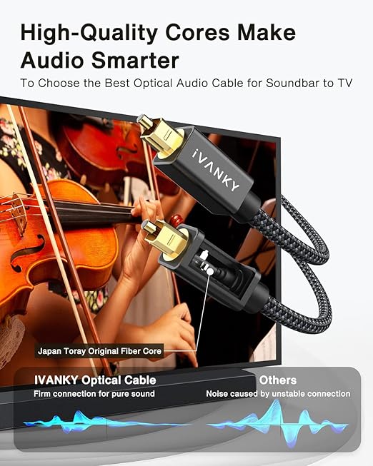 IVANKY Optical Audio Cable 3.3ft/1M, Nylon Braided, 24K Gold-Plated, Slim Metal Case, CL3 Rated, S/PDIF Digital Audio Fiber Optic Cable for Home Theater, Sound Bar, TV, PS4, Xbox, Samsung, Vizio