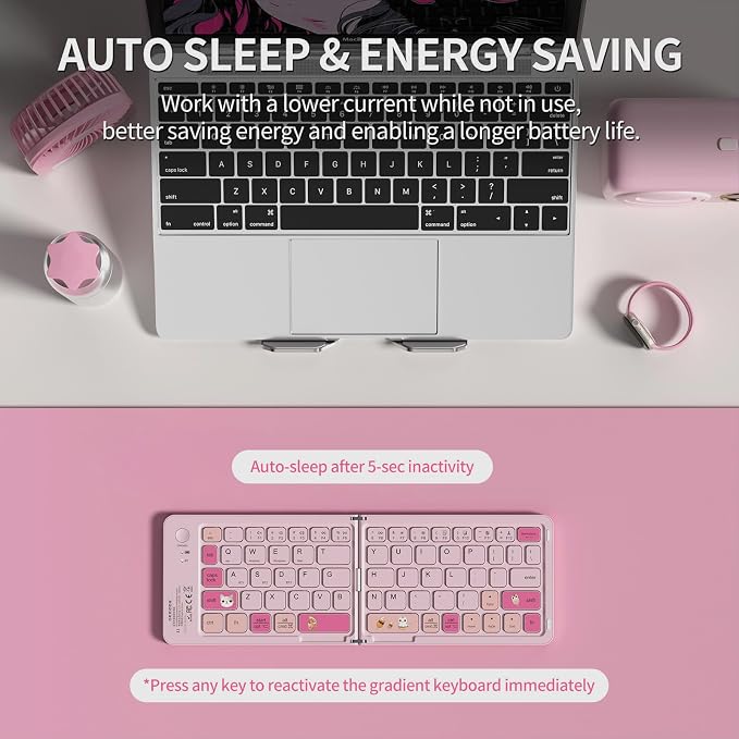 Foldable Bluetooth Keyboard with UV Printing Technology Rechargeable Keyboards,Compact Wireless Travel Keyboards for iPad, Smartphone, Tablet and Laptop - Z1 Pink Colorful
