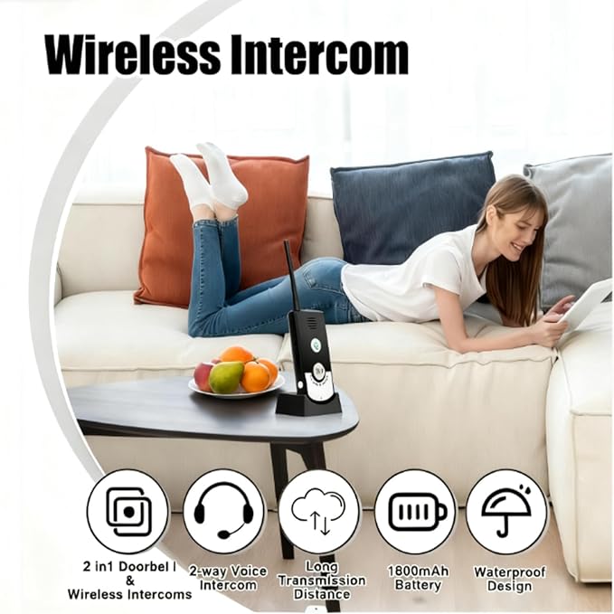 Wireless Intercom System for Home, 2 Way Range Walkie Talkie Communication Device for Elderly Monitoring, Home and Office Use, Easy Install Intercom with Doorbell Feature