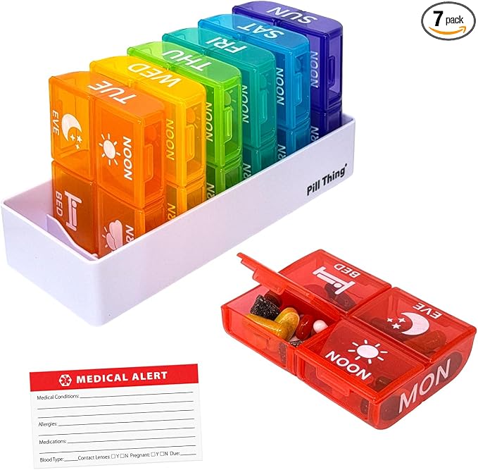 Large Weekly Pill Organizer 4 Times a Day – 7 Day Color-Coded Pill Boxes with Larger Compartments, Secure Snap-in Tray, BPA Free, Medical Alert Card Included (4X a Day - 1 Pack)