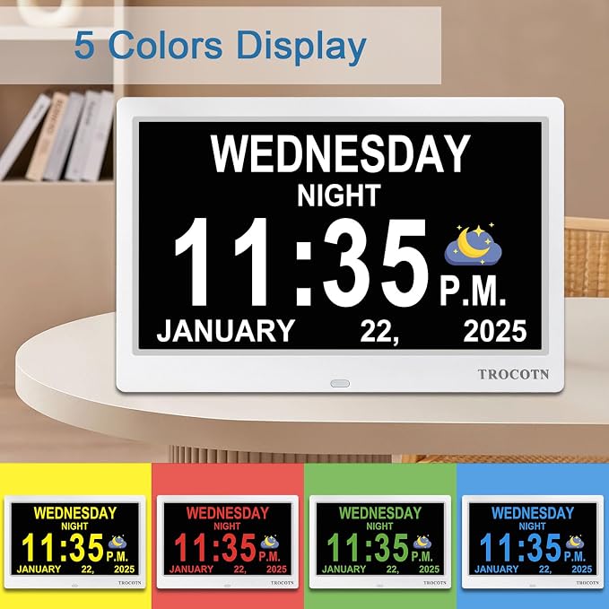 TROCOTN Dementia Clocks, Large Display Calendar Alarm Clock with Auto DST for Seniors, 5 Display Modes Large Font Digital Clock with Custom Alarms Day Date Clocks.(10 Inch White)