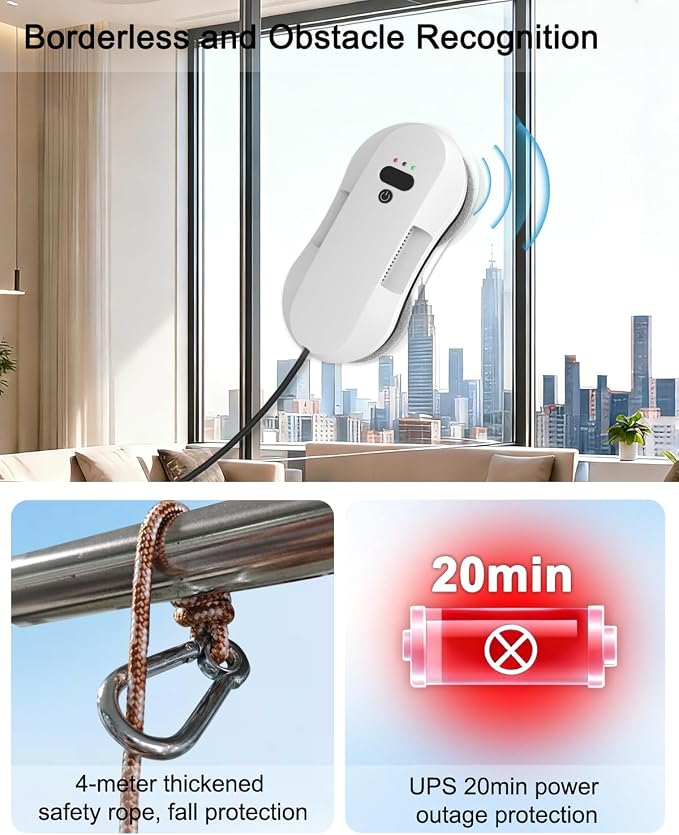 Automatic Window Cleaning Robot for High Windows with 3000Pa Strong Suction, Dual-Nozzle, Power Failure Protection & Safety Rope, 10 Double-Sided Replacement Cloths
