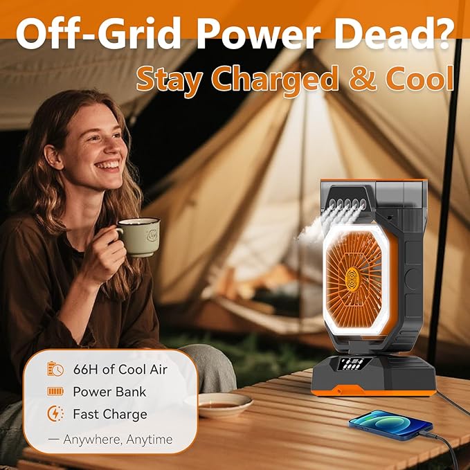 Weljoy Desk Fan 5 Sprayers Rechargeable Misting Fan - 5 Speed Portable Cooling Fan 560ml Water Tank Aromatherapy Diffuser Timer 27000mAh Battery (Black & Orange)