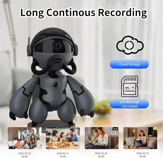2K Indoor Robot Camera, 2.4G WiFi Robot Security Camera, Baby Pet Camera with Phone App, Long Battery Life, Two Way Audio, Night Vision, Battery Operated, PIR Motion Detection, Cloud & TF Card Storage