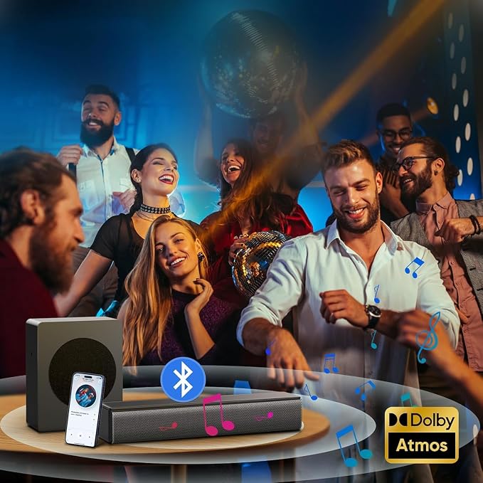 GEOYEAO Sound bar with subwoofer, 100W 2.1 ch soundbar w/Dolby Atmos Surround Sound System, 3D Bass Adjustable Home Theater Bluetooth TV Speaker for Smart TV/Projector/PC