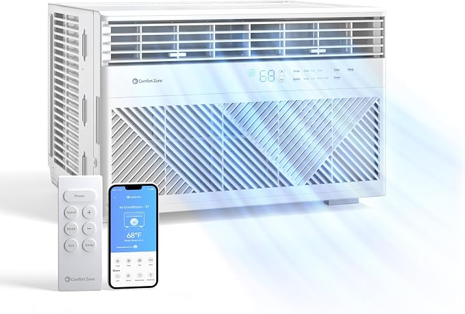 Comfort Zone Window Mounted Smart Wi-Fi Room Air Conditioner with Remote Control, 8,000 BTU, Digital Display, 4 Speed Settings, 4 Mode Settings, 24-Hour Timer, Sleep Setting, and Eco Mode, CZ12758