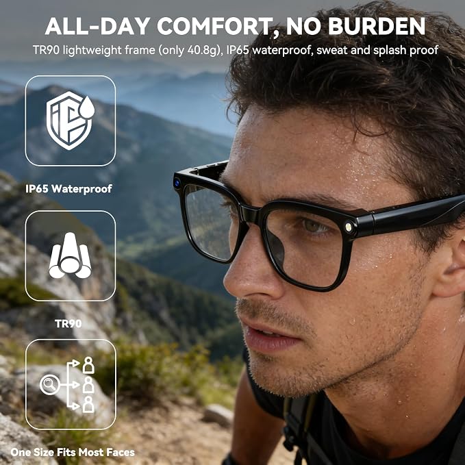 AI Smart Glasses with Camera,8MP Camera Glasses,1080P Anti-Shake Video Recording, Real Time Translation,AI Voice Assistant,Object Recognition,Bluetooth Sunglasses for Men Women(Transparent Lenses)