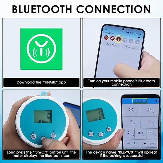 Floating Smart Digital Pool Thermometer - 6-in-1 Bluetooth Water Meter, IP67 Waterproof, Tests EC, Salinity, pH, ORP, Temperature, Chlorine for Swimming Pools, Hot Tubs, Ponds