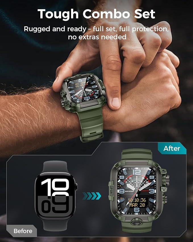 Goton Rugged Case and Band Kit with Screen Protector for Apple Watch 46mm, Compatible with Apple Watch Series 11/10, Full Body Shockproof Metal+PC Bumper Cover with Soft Band, 46mm Green