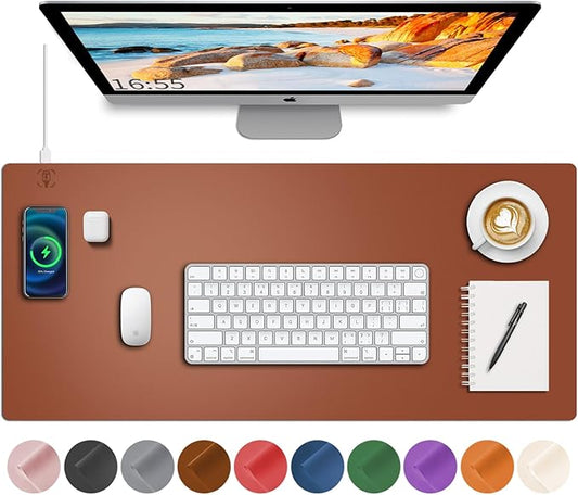 Desk Mat with Wireless Charging, Brown Mouse Pad with Wireless Charger, Desk Pad Matt for Desktop, Mousepad Gaming Large Mouse Pad, Leather Compute for Keyboard and Mouse, 32" x 16"