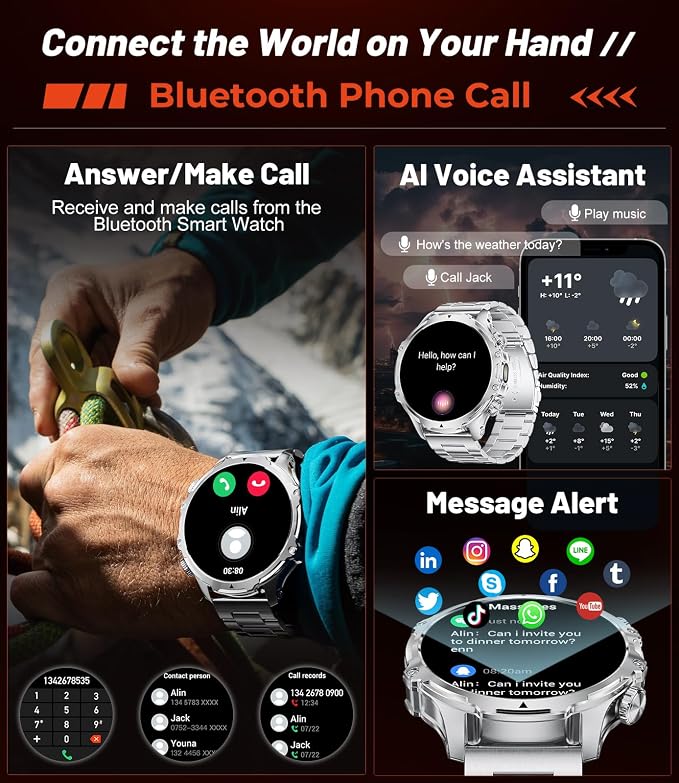 Military Smart Watch for Men, 1.85'' HD Large Screen Smartwatch, 800mAh/LED Flashlight/IP68 Waterproof/Pedometer/100+ Sports Fitness Tracker, Mens Smart Watches for Android iOS, Silvery