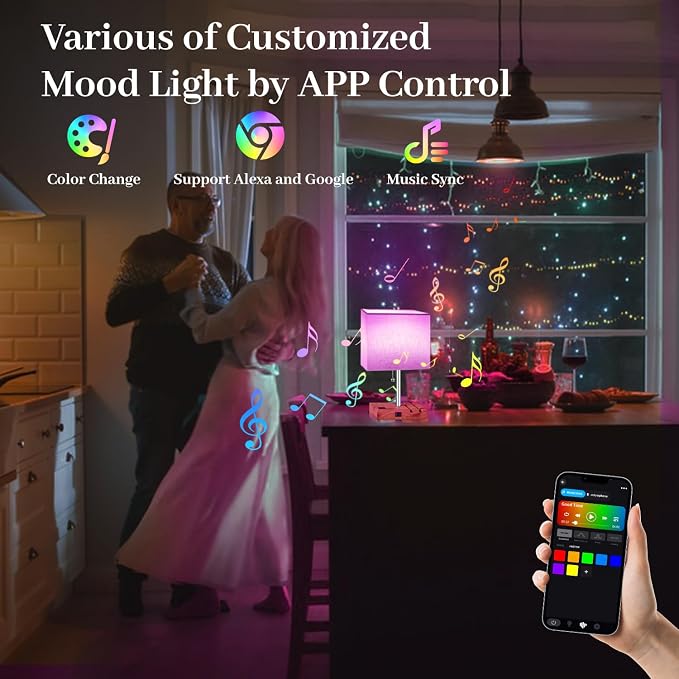 Smart RGB Dimmable Table Lamp Work with Alexa&APP&Remote Control, Bedside Desk Lamp with Charging Ports&Outlet&Phone Stand, Music Sync Nightstand Lamp for Bedroom Living Room Office Dorm, Wooden Base