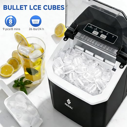 Countertop Ice Maker Machine, 26lbs in 24Hrs, 9 Ice Cubes Ready in 8 Mins, Auto-Cleaning Portable Ice Maker with Basket and Scoop, for Home/Kitchen/Camping/RV (Black)