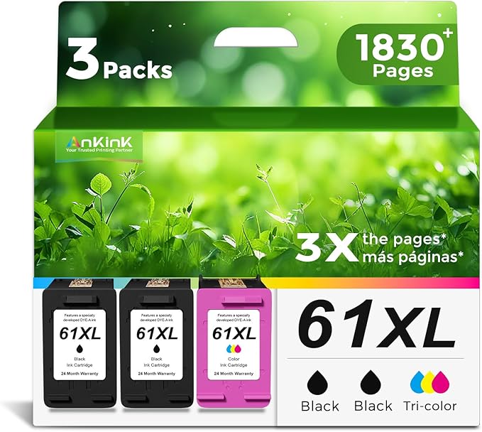 Ankink 3 Pack 61XL Ink Cartridge Compatible Replacement for HP 61 XL (2 Black 1 Tri Color) for HP61XL Combo for HP61 for 5530 4500 2540 4630 4501 4502 4635 3050 2542 3512 4632 3510 3050a 2514 Printer