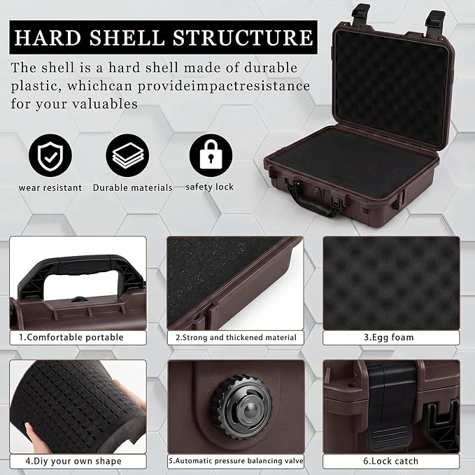 Relaxweex 1 Pcs Waterproof Hard Case with DIY Customizable Foam Insert Portable Protective Case with Knife for Camera Drones Equipments Tools Test Instruments (Brown,11.3 x 8.7 x 4.2 Inch)