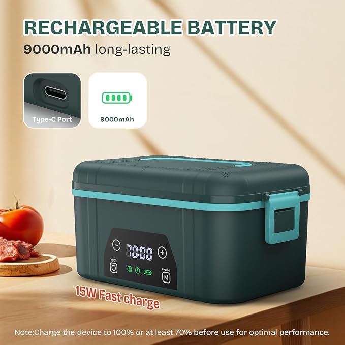 Cordless Heated Lunch Box, Smart Timer Automatic Heating Food Warmer for Adults, 5.5-Cup Portable Electric Lunch Container with Handheld Insulated Bag（Dark Blue）