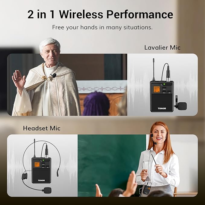 TONOR UHF Wireless Microphone System with Headset Lavalier Lapel Mic, Bodypack Transmitter, Rechargeable Receiver, 2 * 15 Channels 60 m/200ft Range 1/4" Output for Recording, 2 Bodypack Mics