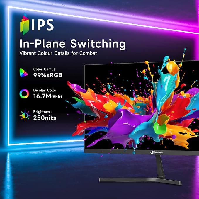 ArcticPro Monitor 24 inch Monitor 120Hz, FHD 1080p, Computer Monitor, IPS, 99% sRGB, 1ms Response Time, 3-Sided Frameless, Ultra Slim, VESA Mountable, Anti-Blue Light Design, HDMI & VGA Ports