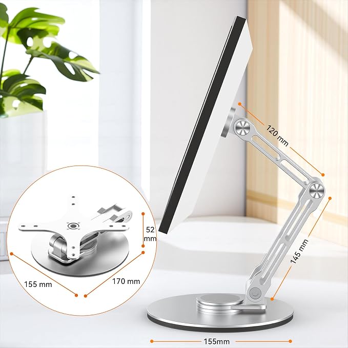 Swivel and Tilt Stand for Echo Show 15 (Gen 1, Gen 2), Portable Monitor Stand, Adjustable Angle and Height with 360° Rotation Bases, Switching Between Landscape and Portrait Screens (Silver)