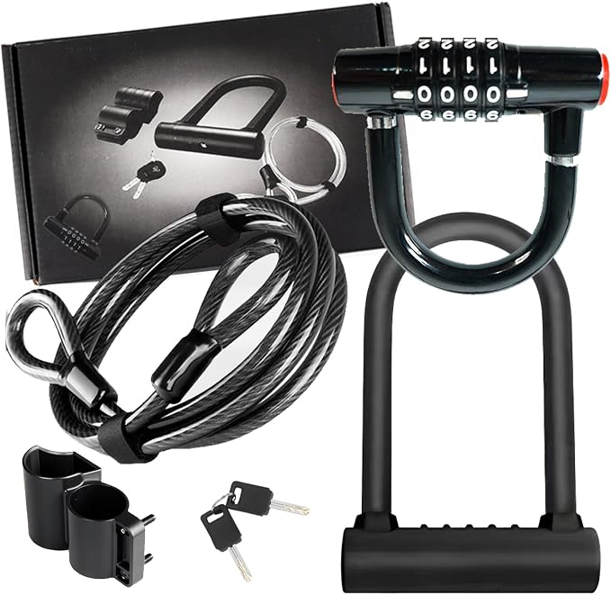 Bike Lock Set with 2 Types of Bicycle Locks, Bike U Lock with 4.9ft Security Steel Cable, Heavy Duty Anti Theft Bicycle U Lock with Mounting Bracket for Road, Mountain, Folding Bike and Scooter