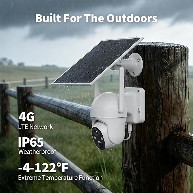 ELYSOO 2 Pack 4G LTE Cellular Security Cameras, Solar Powered Outdoor Camera No WiFi Needed for Farm&Ranch, 2K Night Vision, 360° View, Built in SIM Card(Support Verizon/AT&T/T-Mobile) - White