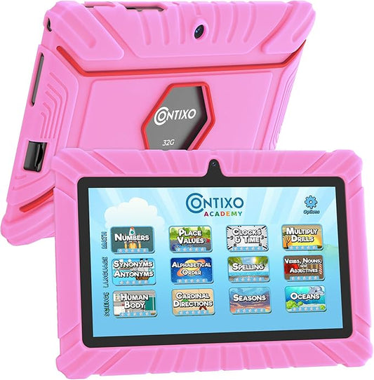 Contixo V8 7" Kids Tablet - 32GB Storage, Pre-Loaded Exclusive Ad-Free Content, Android, Parental Controls, Durable Kid-Proof Case, IPS Touch Screen, Dual Camera, WiFi, Ages 3-12, Gift - Pink