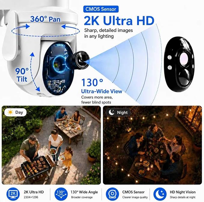 2K Solar Camera Outdoor Wireless, 2.4Ghz WiFi Battery Camera, 355° View Pan/Tilt Solar Camera with PIR Alarm, 2-Way Audio, Color Night Vision, IP65 Waterproof, Cloud & SD Storage