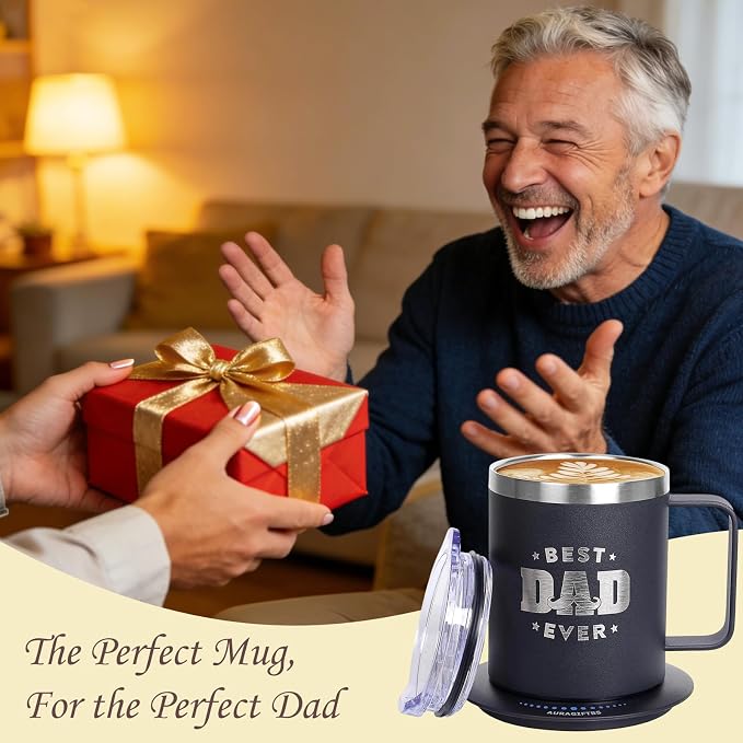 Birthday Gifts for Dad, 12oz Funny Heated Coffee Mug for Dad with BEST DAD EVER, Electric Coffee Cup with Warmer Set, Ideal Valentines Father Day Gifts from Wife Daughter Son (Black -12oz)