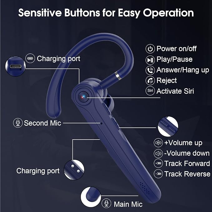 Atheewon Bluetooth Headset, Wireless Bluetooth Earpiece (Blue) | ENC Noise Canceling Mic, 120Hrs, LED Display, IPX7, V5.4 Hand-Free Earphone for Business/Trucker/Driver