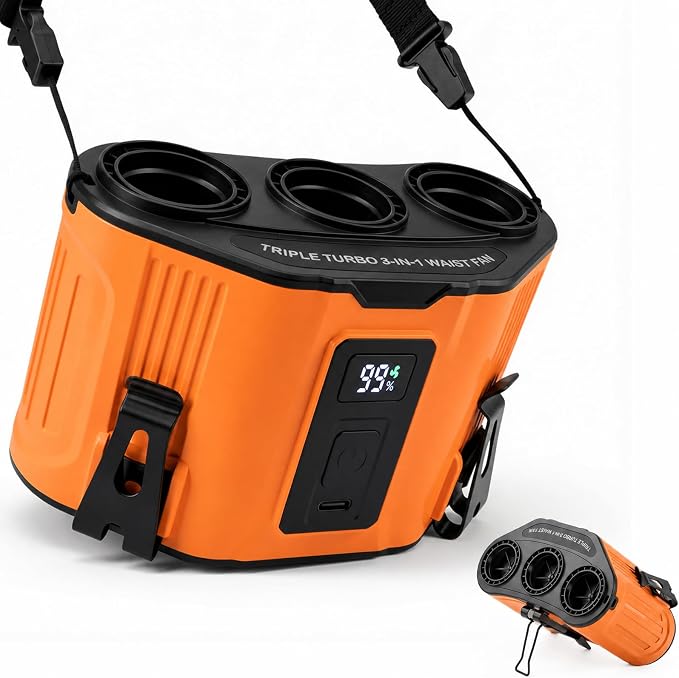 Portable Personal Fan: 3-Motor Hands-Free Waist Fan with 12,000mAh Battery & 5-Speed Airflow – Powerful Cooling for Construction Sites, Camping, Hiking & Travel-Belt Fan-Orange