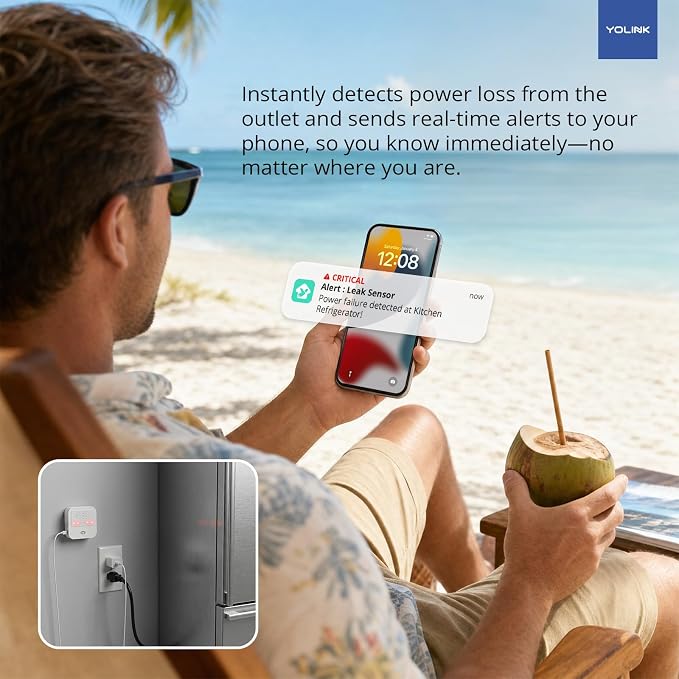 YoLink Smart Power Fail Alarm, AC Power Outage Alert, LoRa Long-Range Wireless, Remote Monitoring, App Alerts, Text/SMS, Email Alerts, YoLink Hub Required!