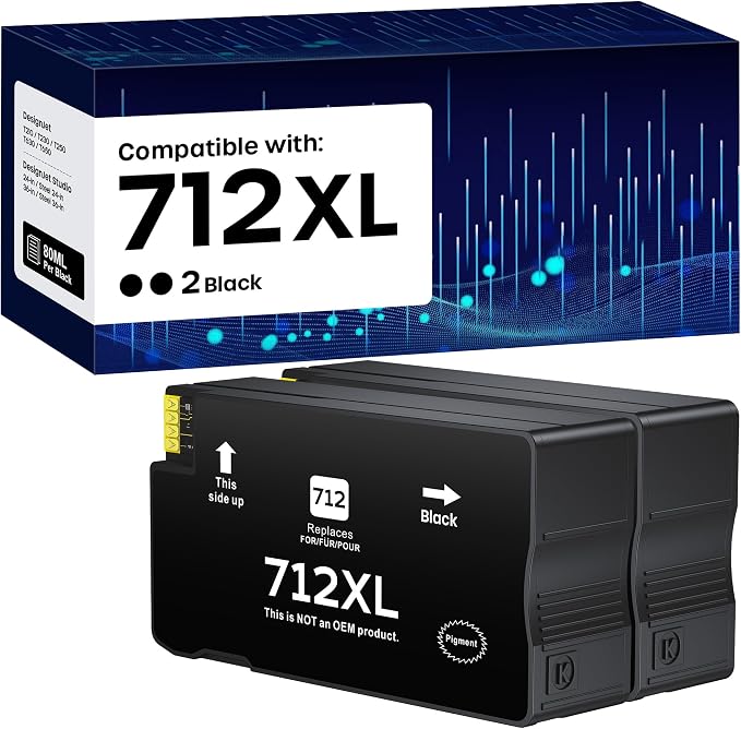 712XL 712 Ink Cartridges High Yield Compatible Replacement for HP | 712XL 712 XL 712 Ink Cartridges for DesignJet T650 T630 T230 T210 Studio Plotter Printer (2 Black, 80-ML Black)