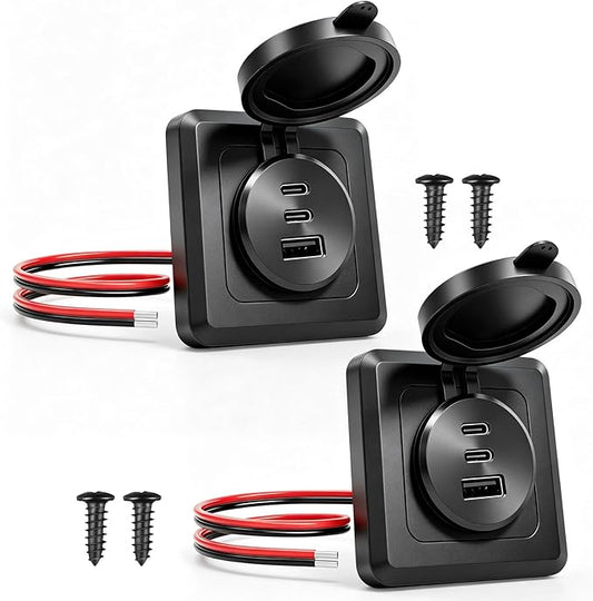 2PCS GIBBAB 90W 12V RV USB C Wall Outlet, Dual 36W PD3.0 Type C & 18W QC3.0 All Aluminum 3 Port Car Charger Socket with Black Panel, Recessed Mount Fast Charging with Waterproof Cover for Camper Boat