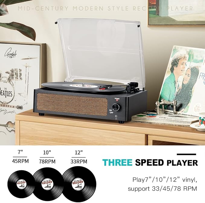 Vinyl Record Players Vintage Turntable with Speakers Belt-Driven Turn Tables Support 3-Speed, Bluetooth Wireless Playback, Headphone, AUX-in, RCA Line LP Phonograph Auto Stop Retro Black