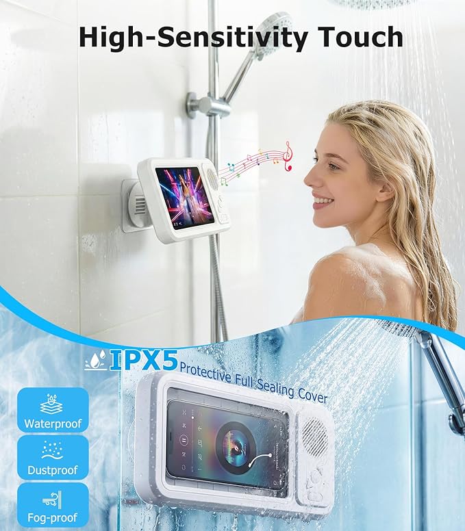 Shower Phone Holder with Bluetooth Speaker,IPX5 Waterproof,Touch-Friendly Screen Access，No-Drilling Adhesive Wall Mount,360° Rotation Bathroom Phone Holder for Shower Bathtub Kitchen Pool(White)