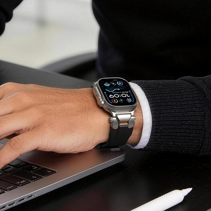 ULTIMAL Rugged Band for Apple Watch Ultra 3/2/1 49mm, Series 11/10/9/8/7/6/5/4 SE 46mm/45mm/44mm, Waterproof, Soft TPU Strap with Stainless Steel Buckle & Connectors, Sweat-Resistant, Easy to Clean, Fits 155-225mm Wrist (Titanium/Black)