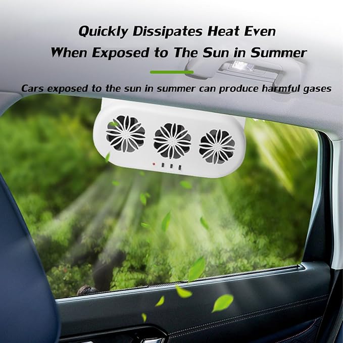 Solar Powered Exhaust Fan for Car Window - Vehicle Ventilation Fan with Three Air Outlet (White)