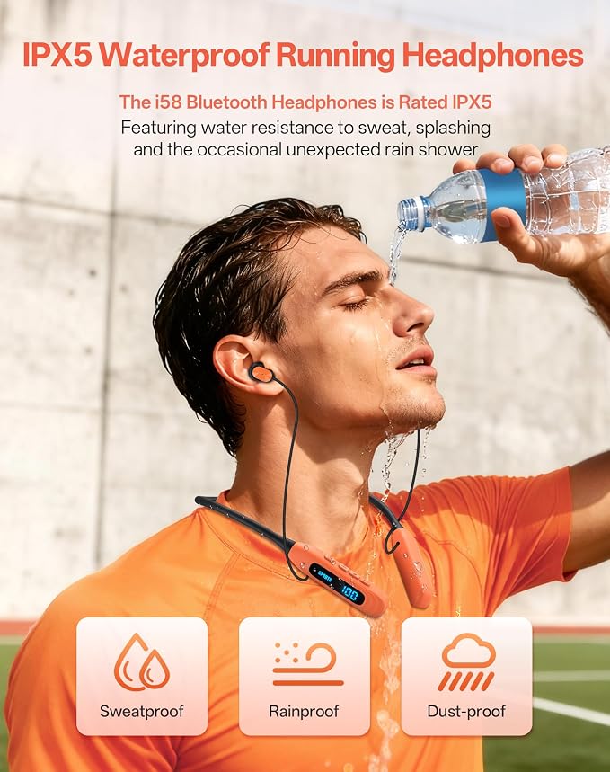 JL&MI Neckband Bluetooth Headphones, Wireless Sport Earphones with 80-Hour Battery and LED Display, Bluetooth 5.4 Magnetic Earbuds, Comfort Fit for Running, Gym, Travel (Orange)