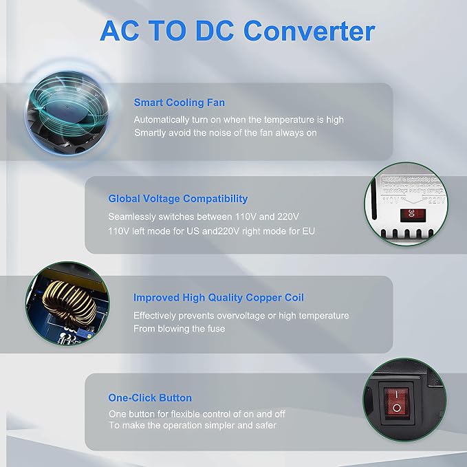 New Version 110V AC to 12V DC Converter 600W Power Supply 50A, Universal SMPS Transformer for RV, Pump, LED Strip, CCTV, Car Stereo,Diesel Heater