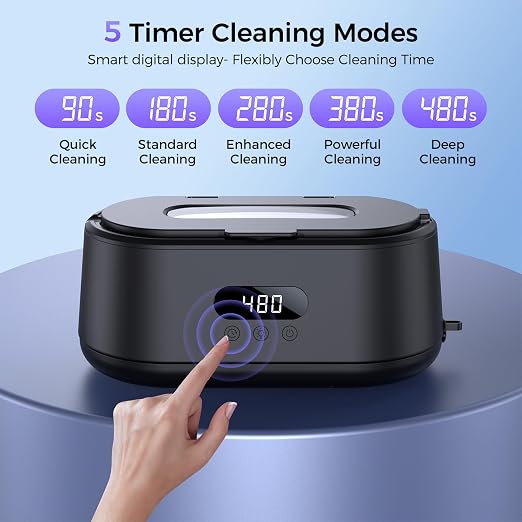 Ultrasonic Jewelry Cleaner, 50KHz Ultrasonic Cleaner Machine, Dual Modes & LED Display, 5 Cleaning Modes, 24W Sonic Cleaner for Jewelry, Eyeglasses, Watches, Rings, Watch Strap,Dentures(Black)